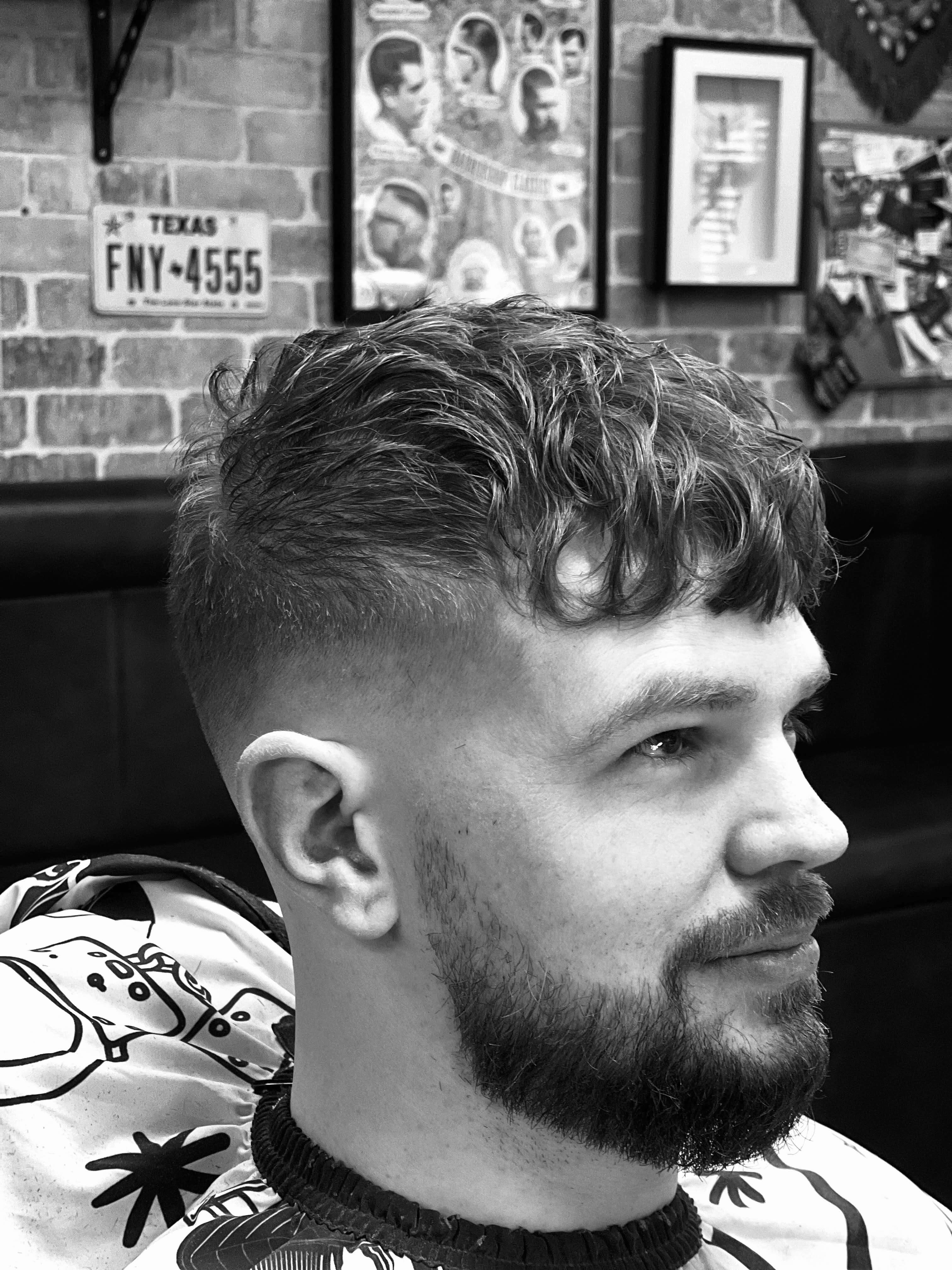 Haircut, side profile, black and white