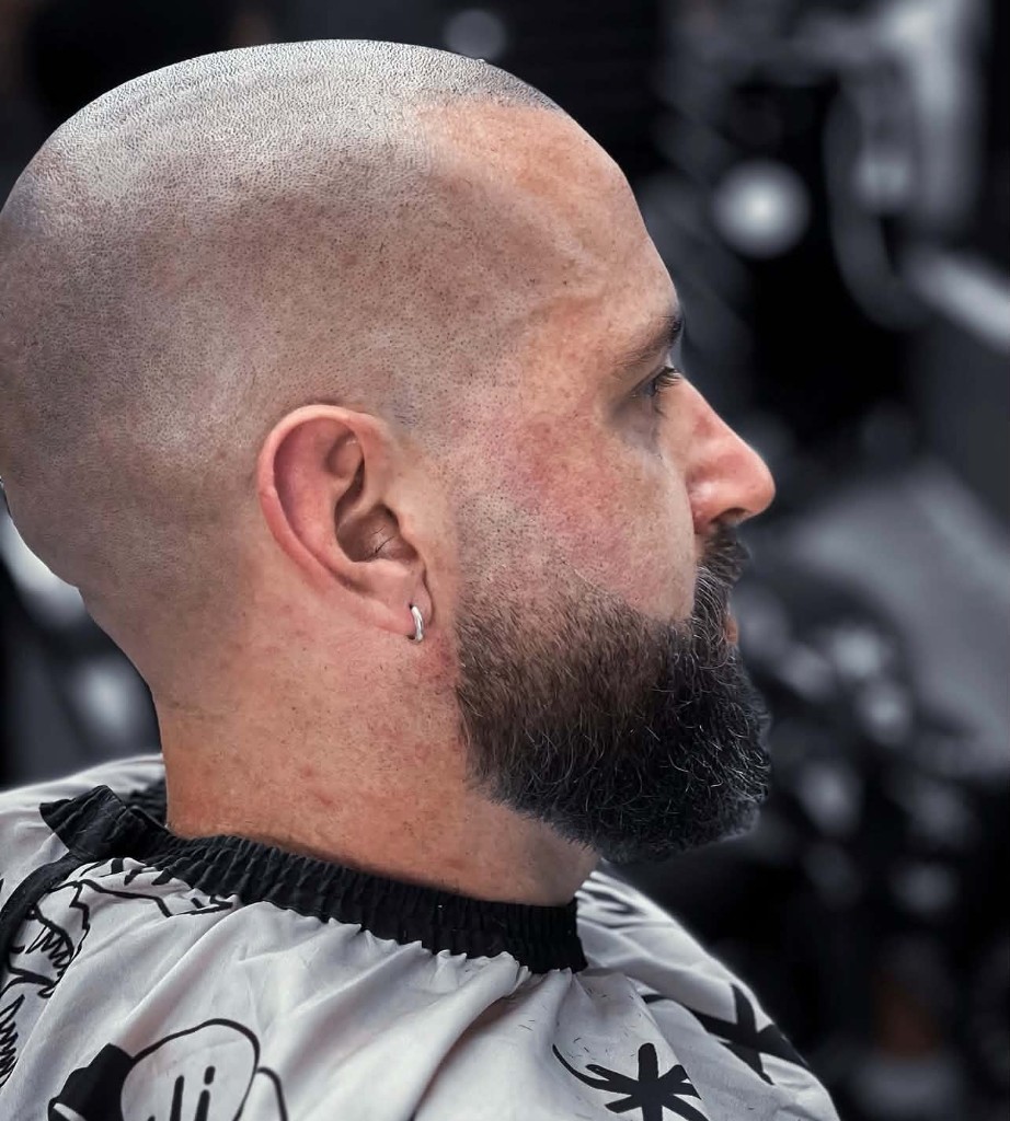 Bald head and beard, side profile